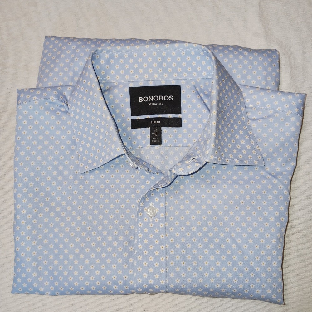 Bonobos Wrinkle-Free Slim Fit Long Slv Shirt Blue Wht Yellow Flower Print 15/32